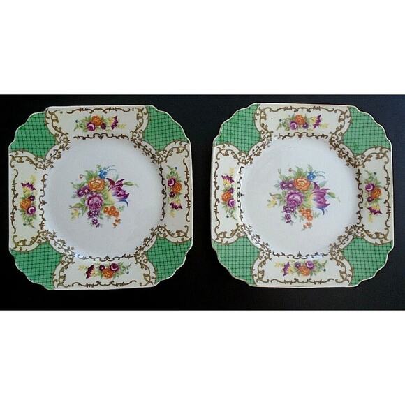 Vintage Toshiro Shoten Hand Painted Floral 8 1/8" Square Japan Set of - Picture 1 of 3